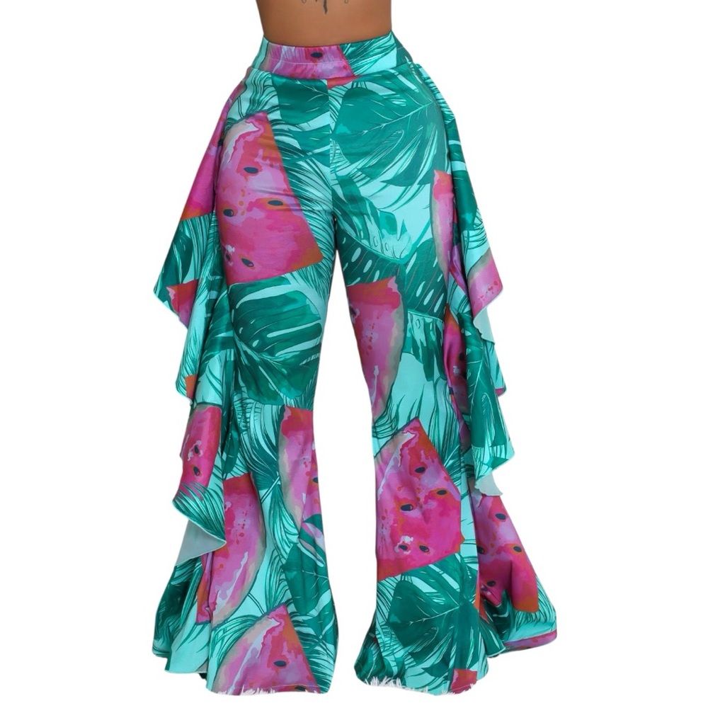Tropical Print High Waist Flare Women's Pants, Size: Medium